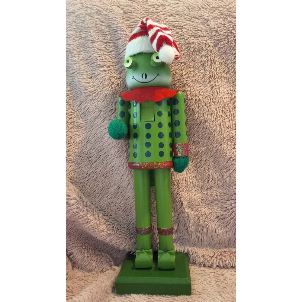 Frog Nutcracker Christmas Holiday Decor Polka Dot Outfit Santa Hat Wood - Picture 2 of 6